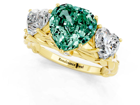 Yellow gold Three-Stone Heart Cut Green Sapphire Braided Band Ring with Four-Prong Setting_13