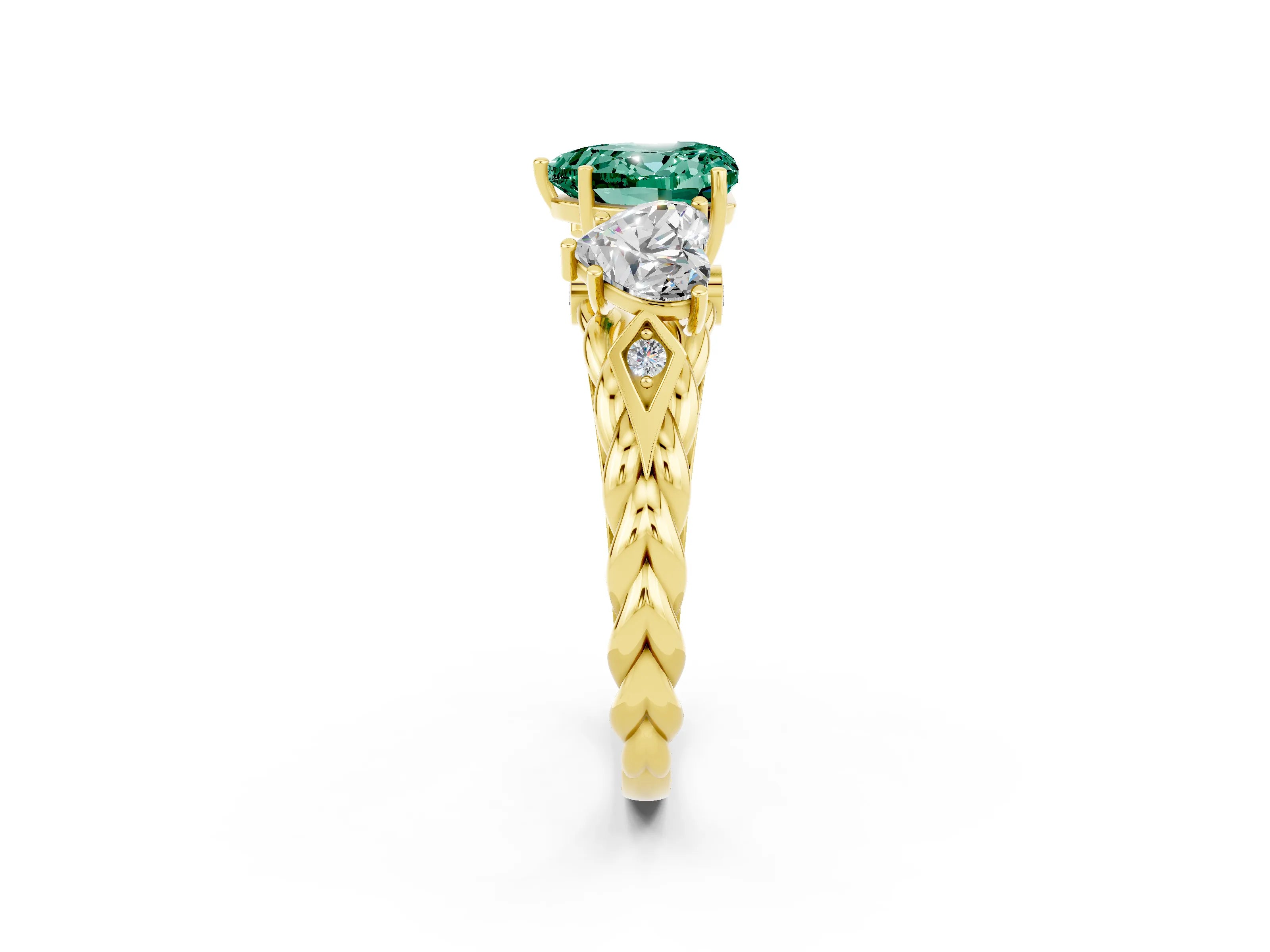 Yellow gold Three-Stone Heart Cut Green Sapphire Braided Band Ring with Four-Prong Setting_14