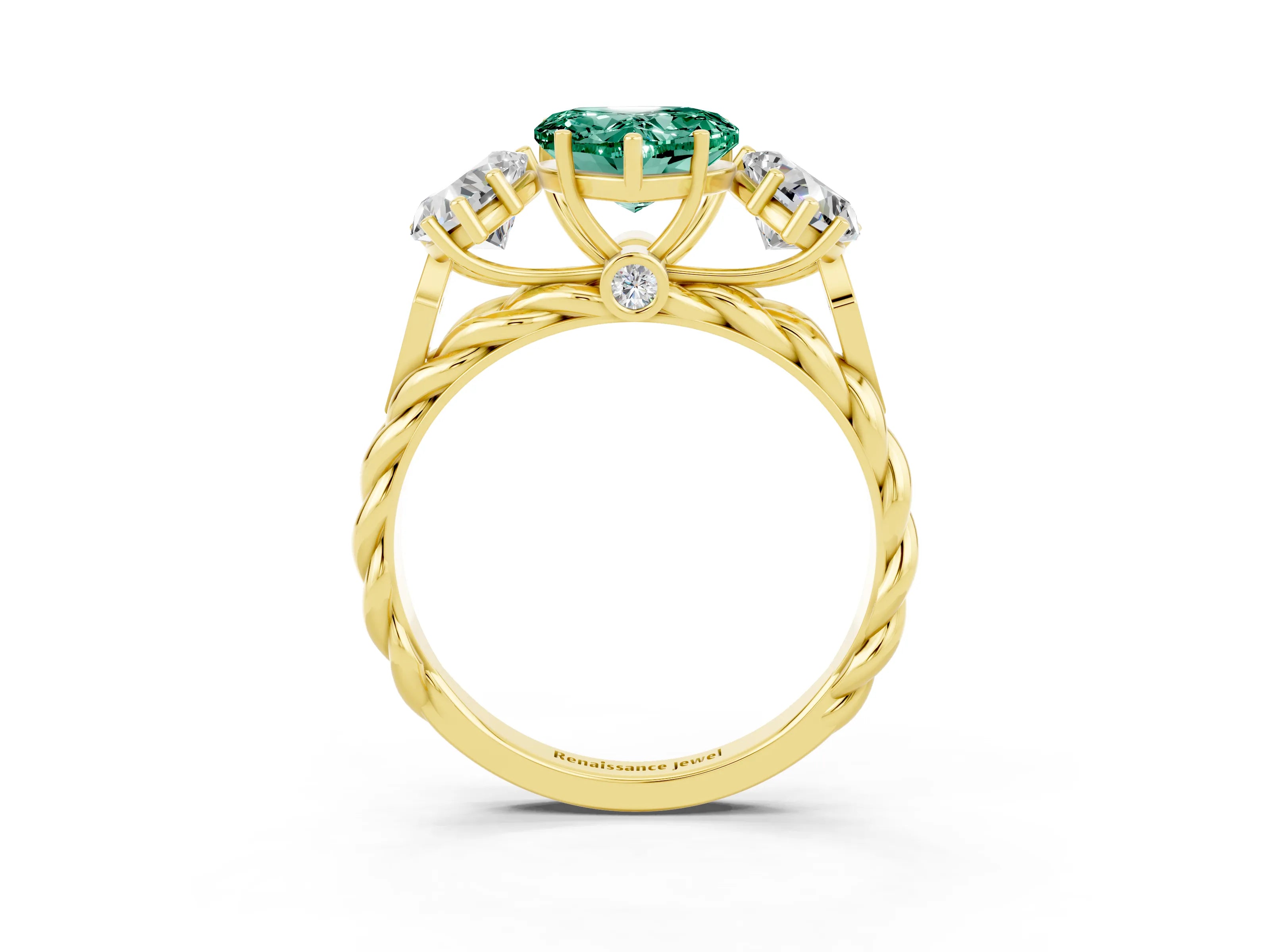 Yellow gold Three-Stone Heart Cut Green Sapphire Braided Band Ring with Four-Prong Setting_15