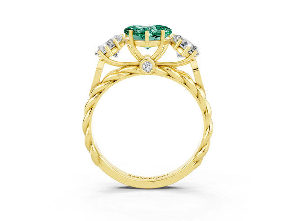 Yellow gold Three-Stone Heart Cut Green Sapphire Braided Band Ring with Four-Prong Setting