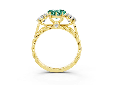 Yellow gold Three-Stone Heart Cut Green Sapphire Braided Band Ring with Four-Prong Setting_15