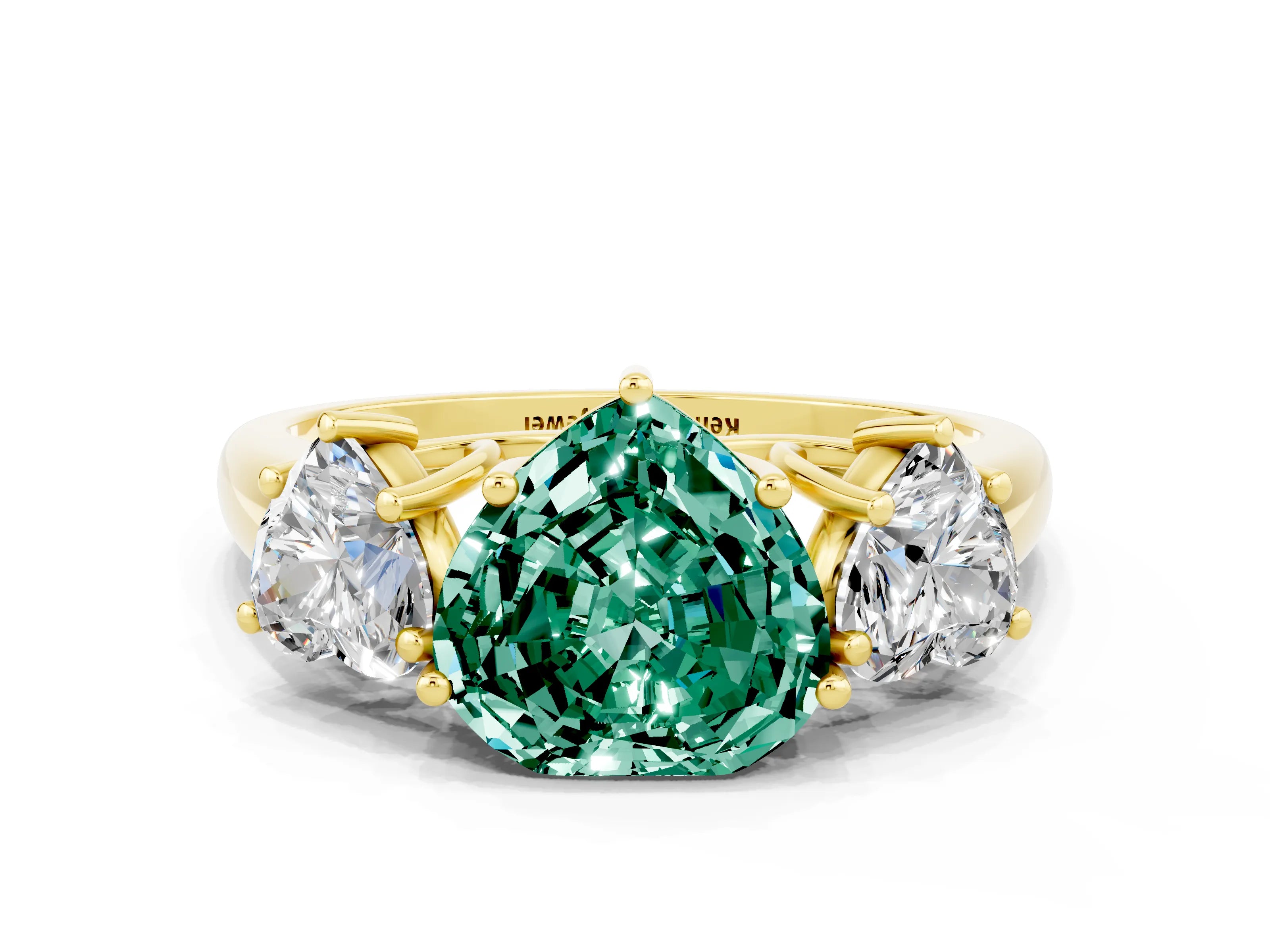 Yellow gold Three-Stone Heart Cut Green Sapphire Engagement Ring with Prong Setting