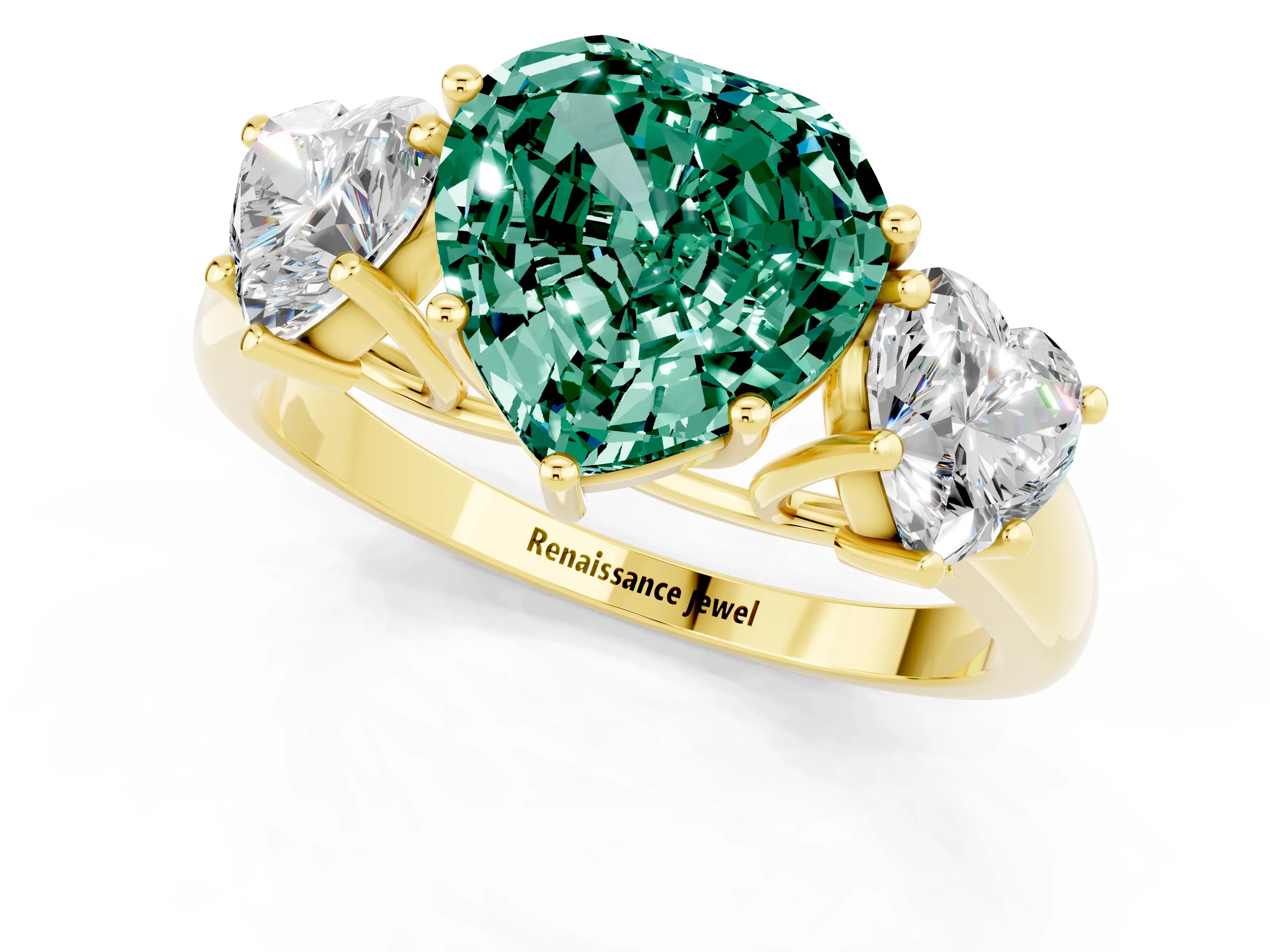 Yellow gold Three-Stone Heart Cut Green Sapphire Engagement Ring with Prong Setting_1