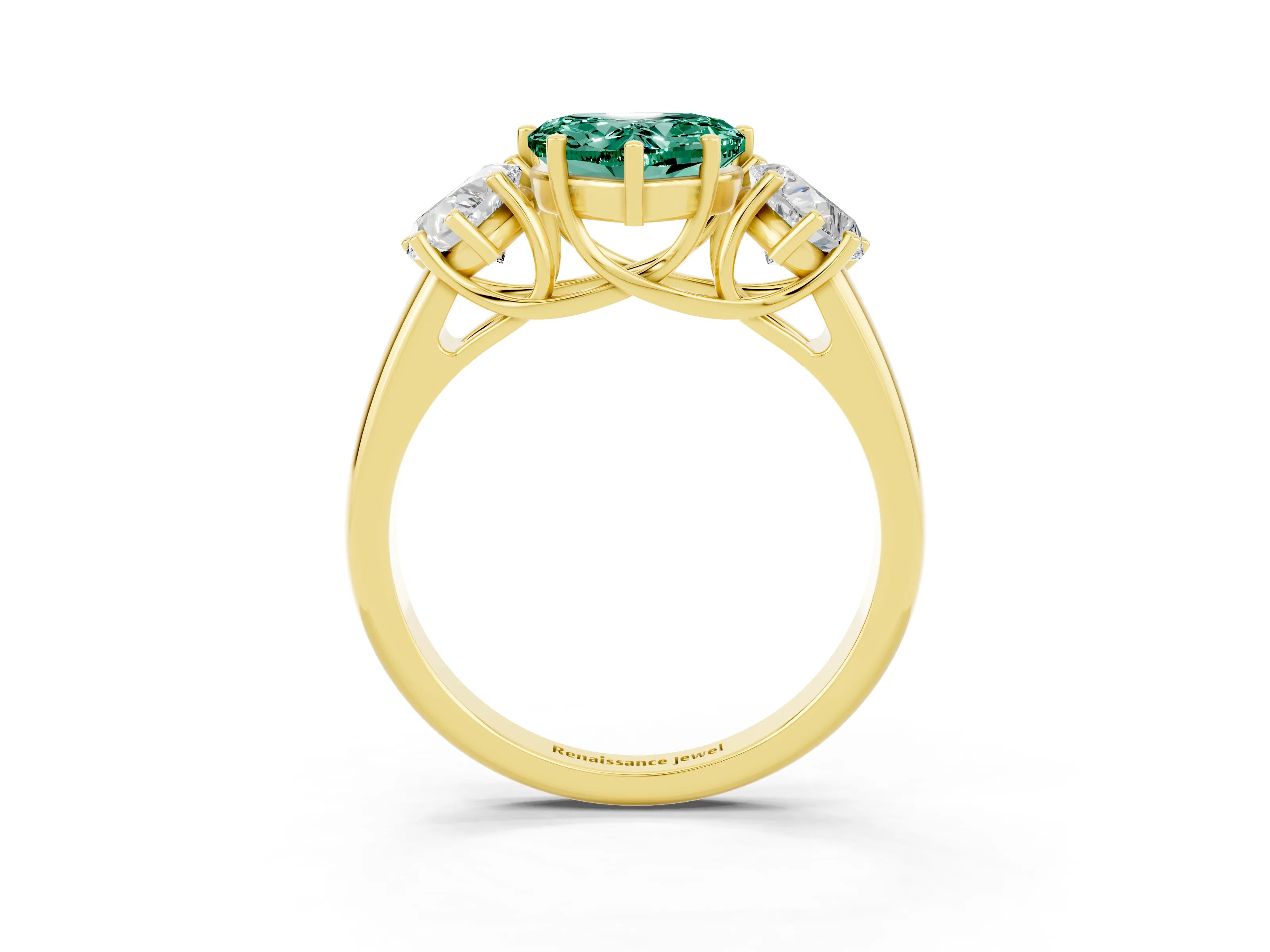 Yellow gold Three-Stone Heart Cut Green Sapphire Engagement Ring with Prong Setting_3