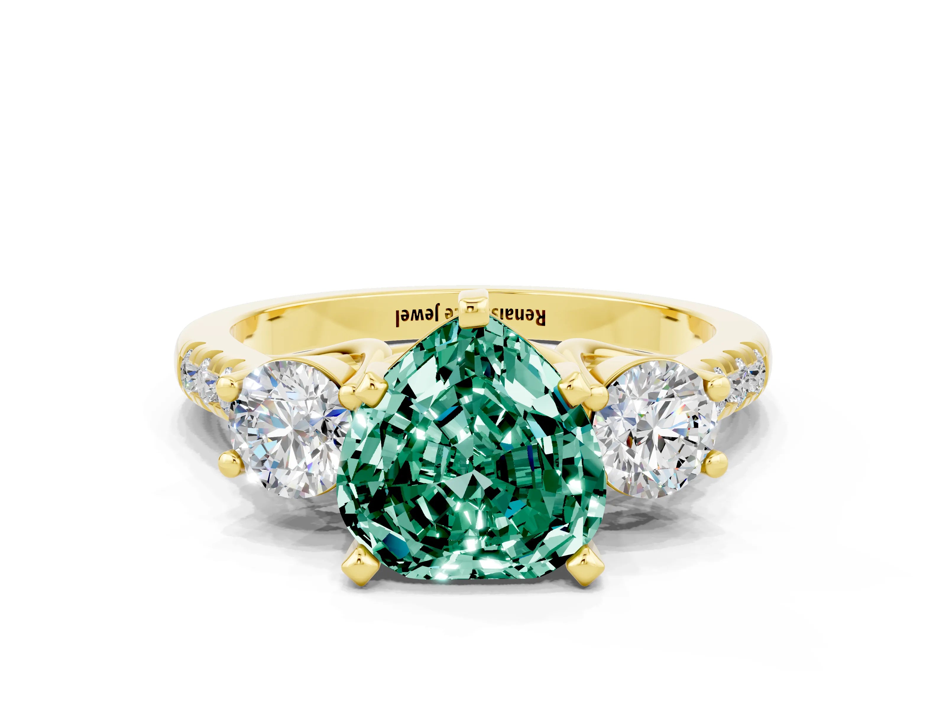 Yellow gold Three-Stone Heart Cut Green Sapphire Pavé Band with Four-Prong Setting