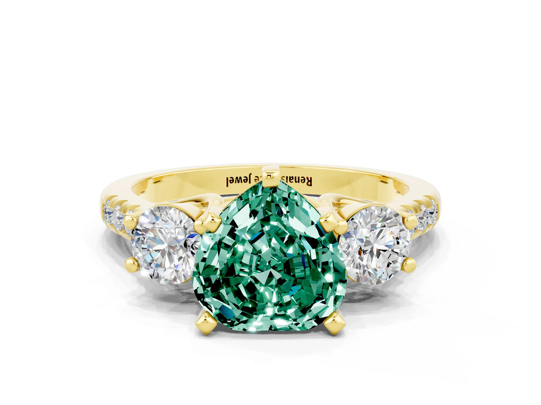 Yellow gold Three-Stone Heart Cut Green Sapphire Pavé Band with Four-Prong Setting