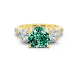 Yellow gold Three-Stone Heart Cut Green Sapphire Pavé Band with Four-Prong Setting