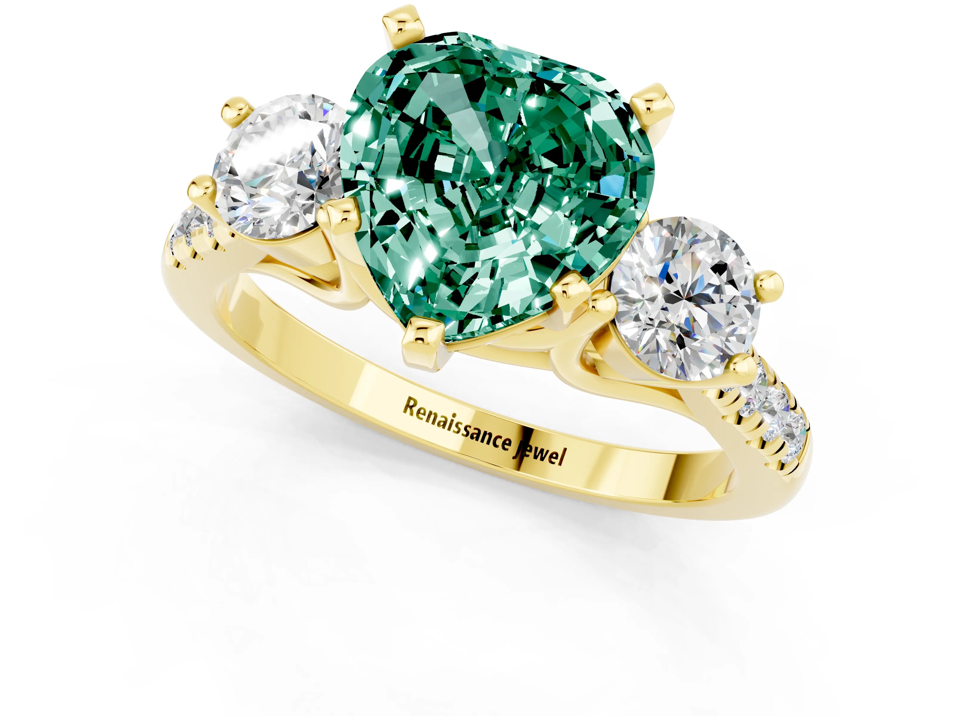 Yellow gold Three-Stone Heart Cut Green Sapphire Pavé Band with Four-Prong Setting_1