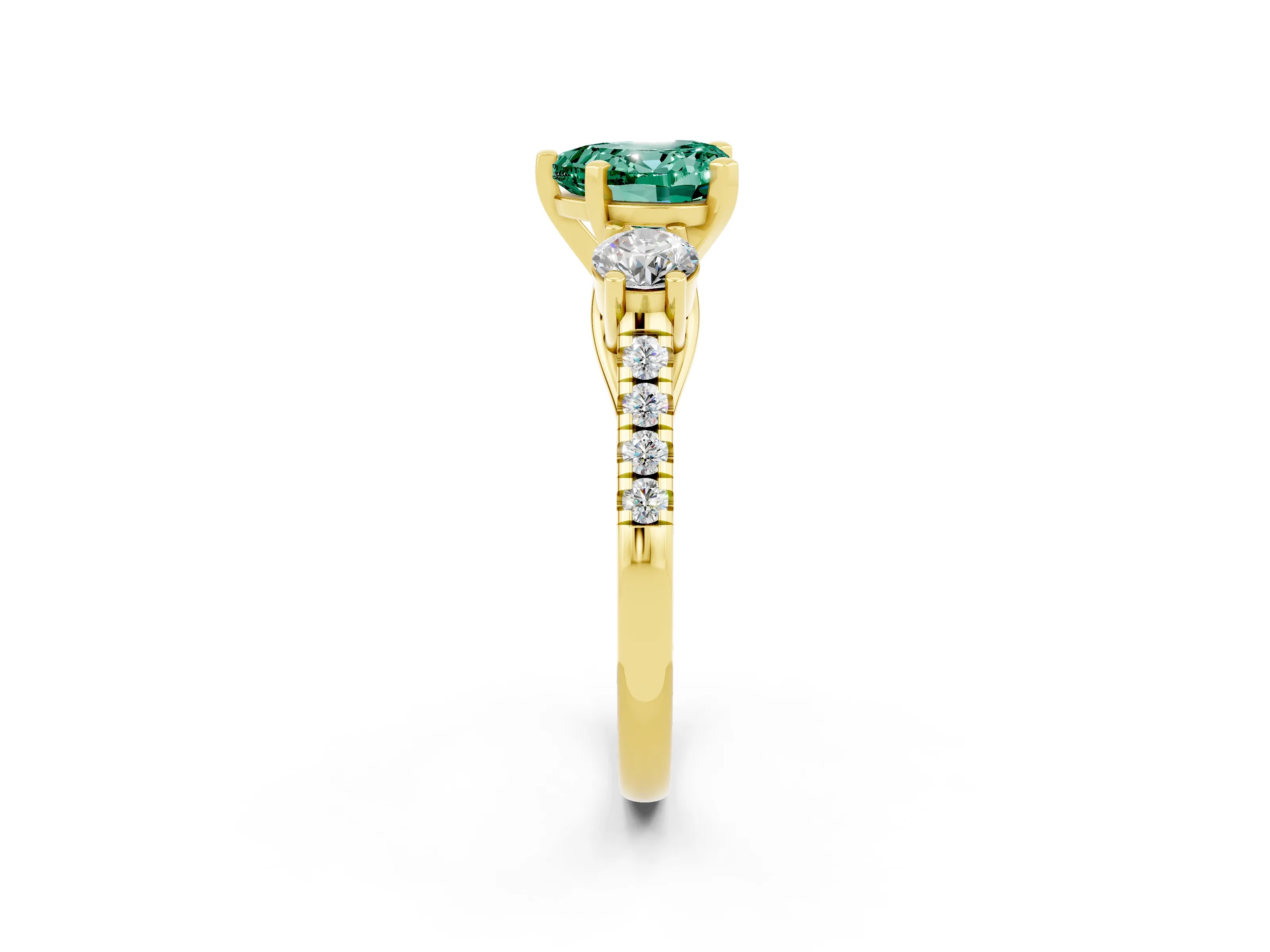 Yellow gold Three-Stone Heart Cut Green Sapphire Pavé Band with Four-Prong Setting_2