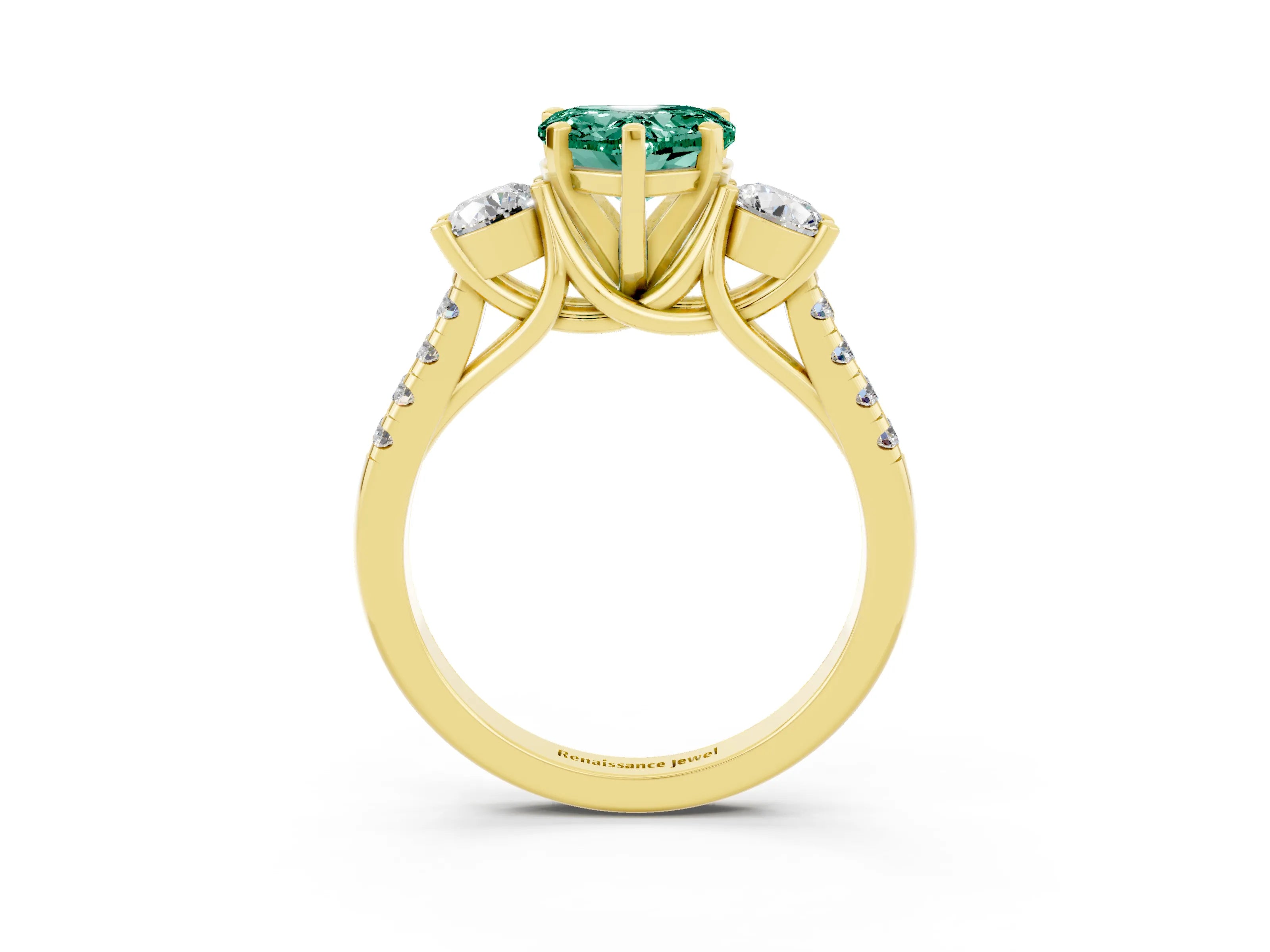 Yellow gold Three-Stone Heart Cut Green Sapphire Pavé Band with Four-Prong Setting_3