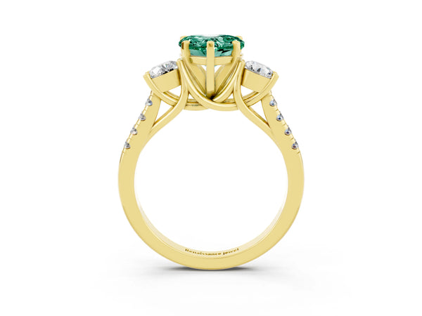Yellow gold Three-Stone Heart Cut Green Sapphire Pavé Band with Four-Prong Setting