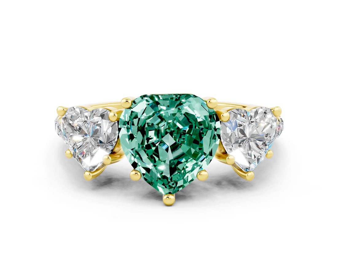 Yellow gold Three-Stone Heart Cut Green Sapphire Ring with Pavé Band and Prong Setting_12