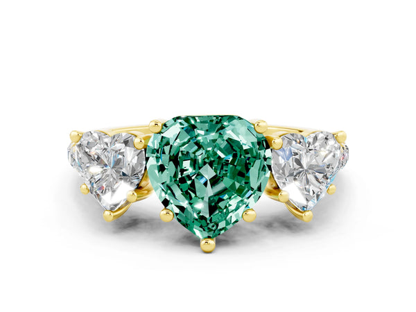 Yellow gold Three-Stone Heart Cut Green Sapphire Ring with Round  Pavé Band and Prong Setting