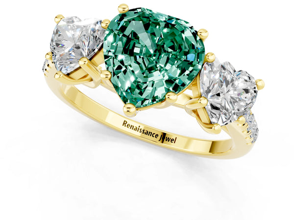 Yellow gold Three-Stone Heart Cut Green Sapphire Ring with Round  Pavé Band and Prong Setting
