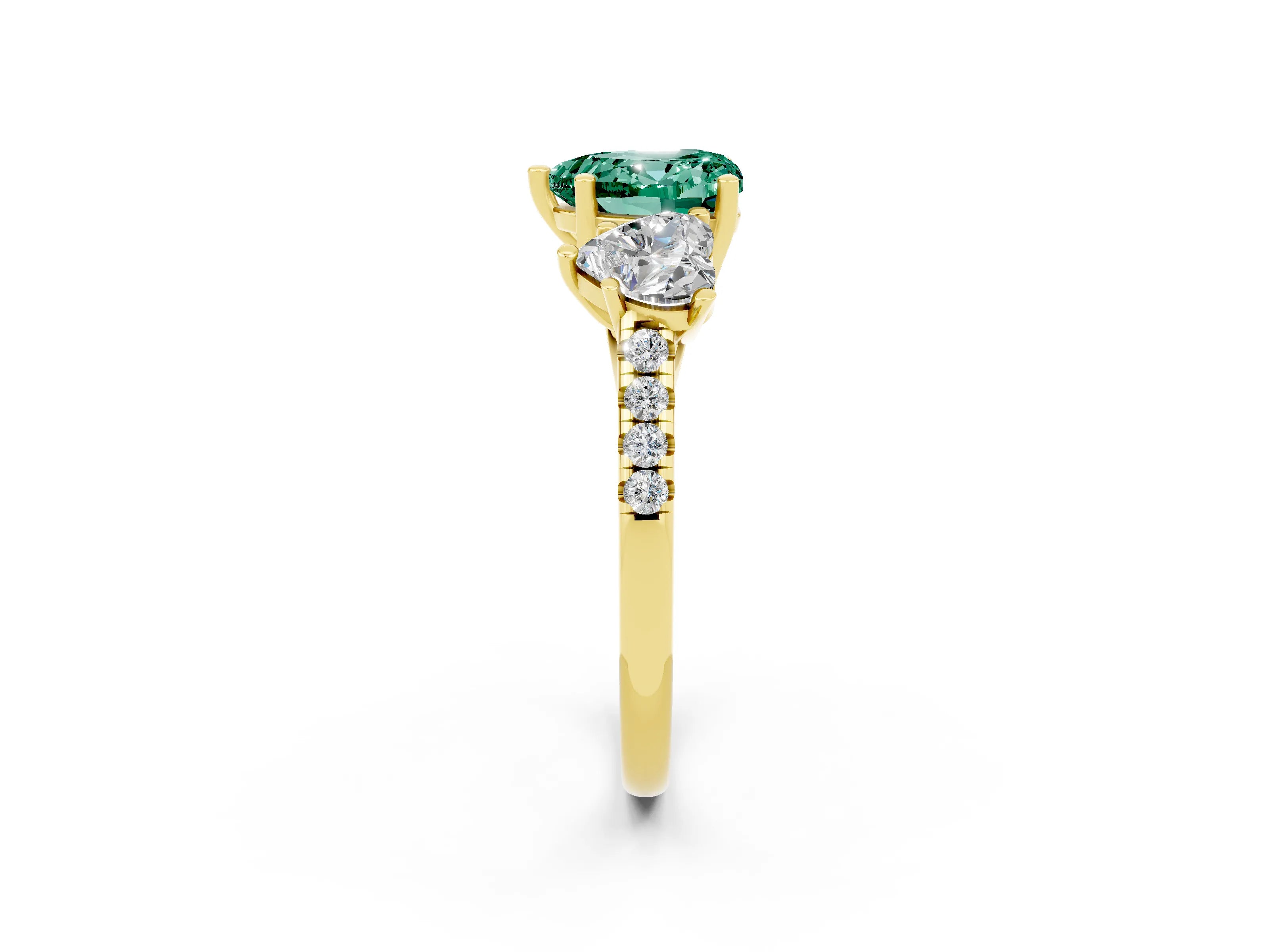 Yellow gold Three-Stone Heart Cut Green Sapphire Ring with Pavé Band and Prong Setting_14