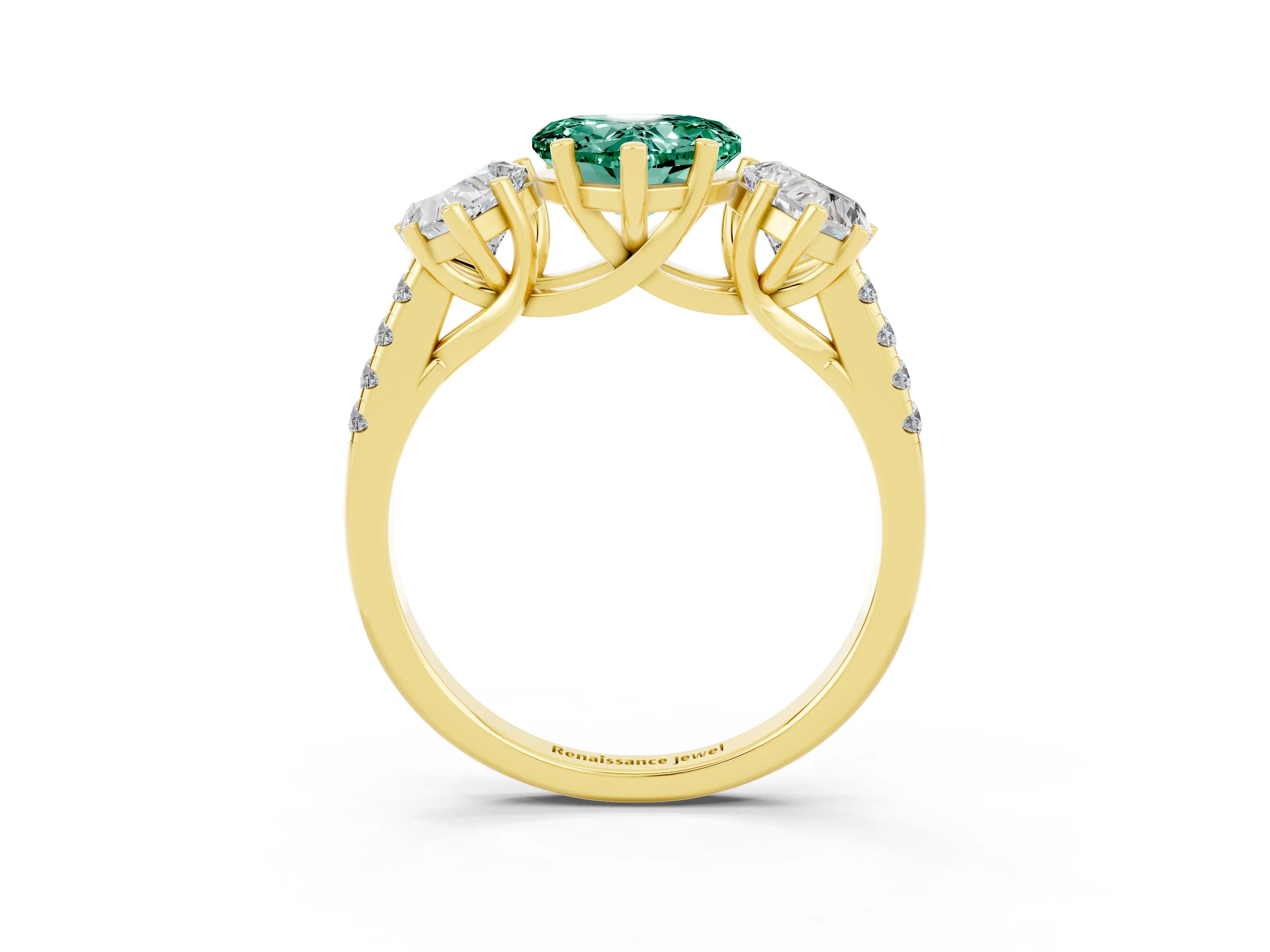 Yellow gold Three-Stone Heart Cut Green Sapphire Ring with Pavé Band and Prong Setting_15