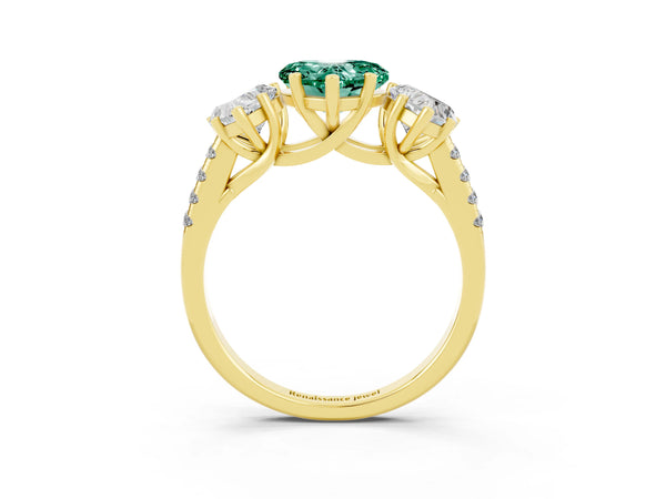 Yellow gold Three-Stone Heart Cut Green Sapphire Ring with Round  Pavé Band and Prong Setting