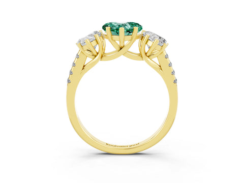 Yellow gold Three-Stone Heart Cut Green Sapphire Ring with Pavé Band and Prong Setting_15
