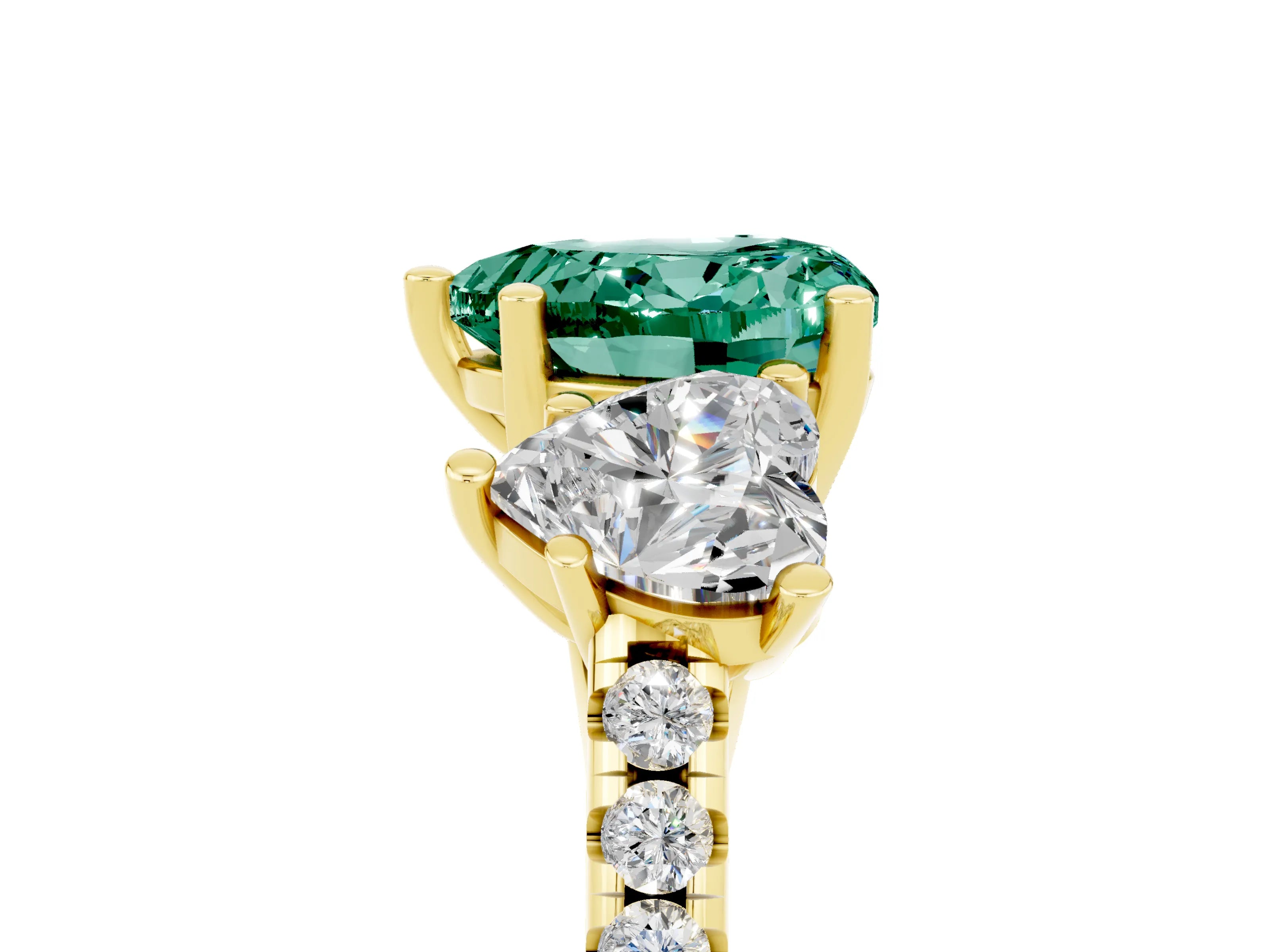 Yellow gold Three-Stone Heart Cut Green Sapphire Ring with Pavé Band and Prong Setting_17