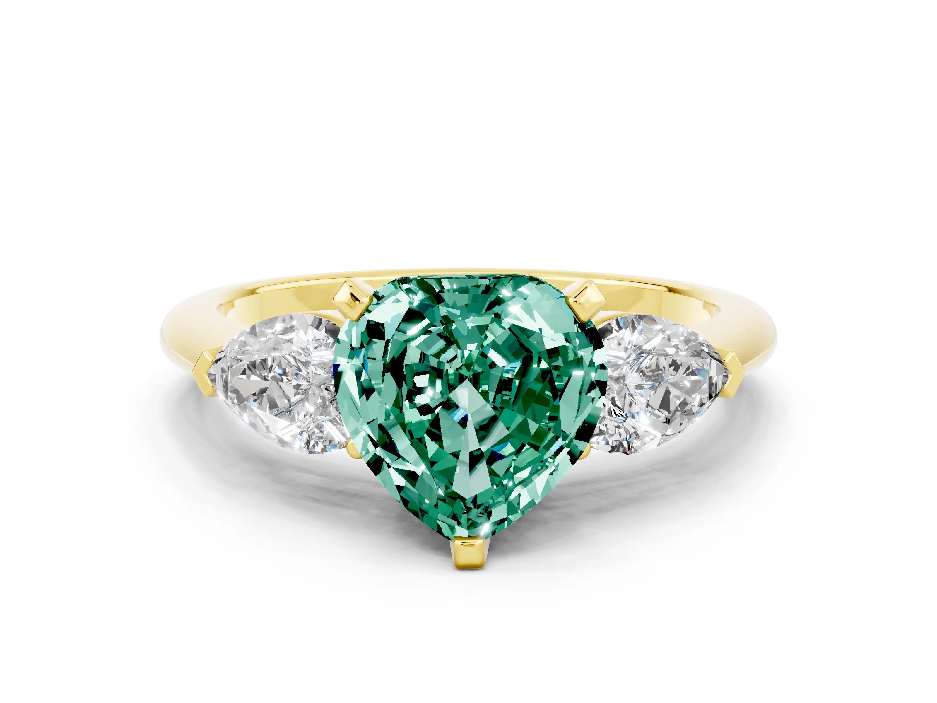 Yellow gold Three-Stone Heart Cut Green Sapphire Ring with Pear Side Stones and Four-Prong Setting