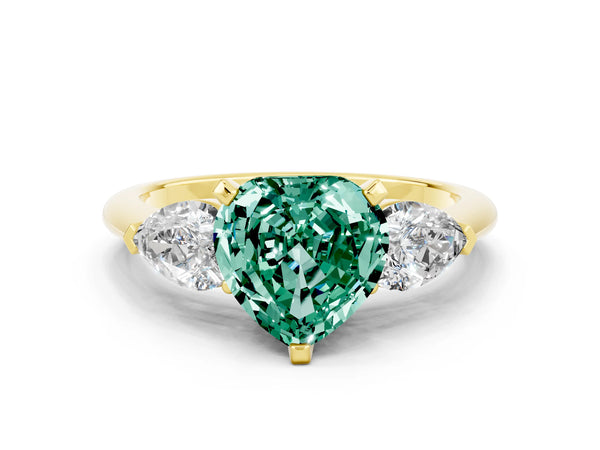 Yellow gold Three-Stone Heart Cut Green Sapphire Ring with Pear Side Stones and Four-Prong Setting