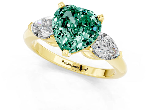 Yellow gold Three-Stone Heart Cut Green Sapphire Ring with Pear Side Stones and Four-Prong Setting_1