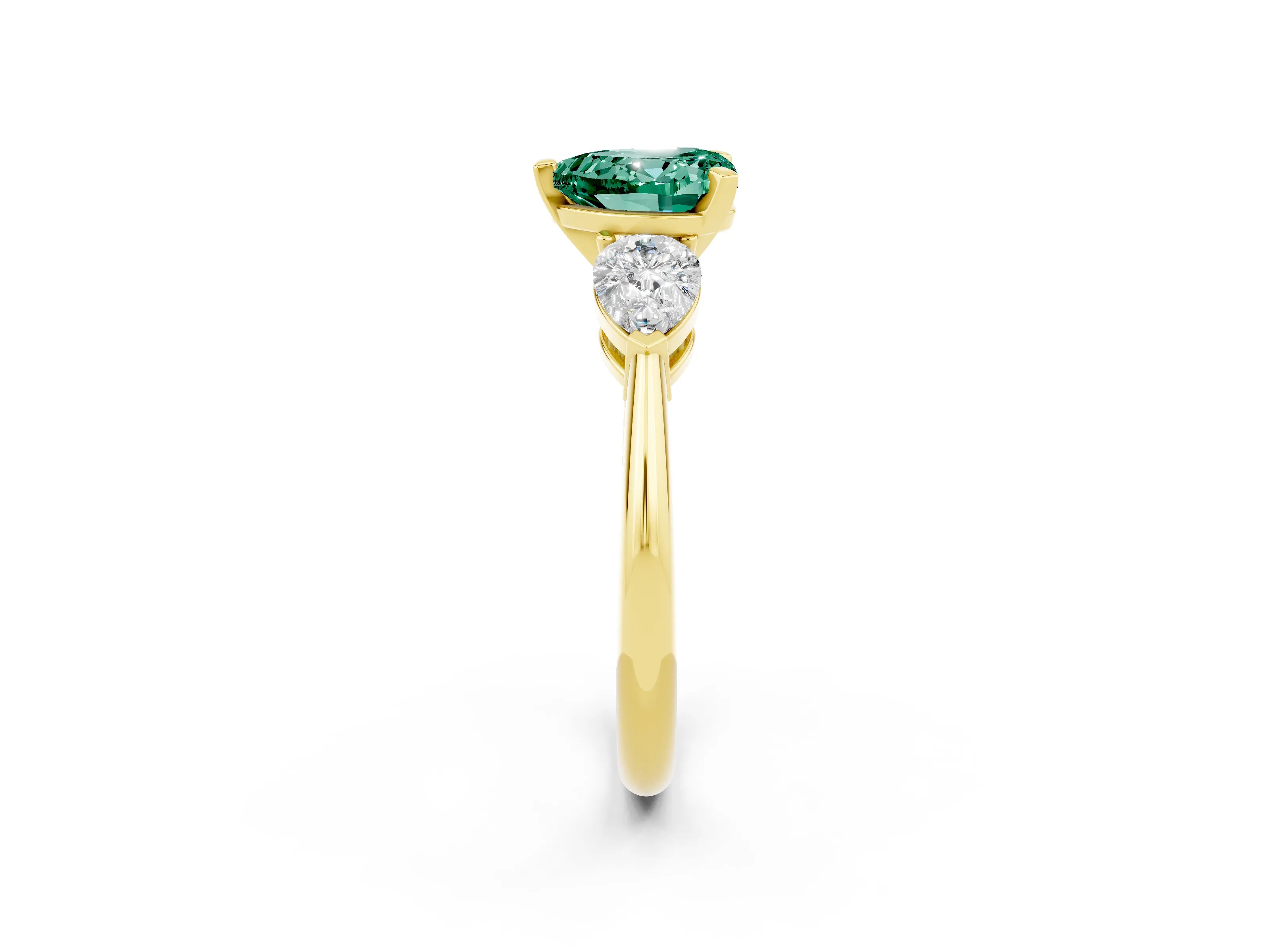 Yellow gold Three-Stone Heart Cut Green Sapphire Ring with Pear Side Stones and Four-Prong Setting_2