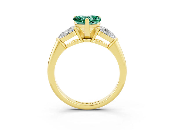 Yellow gold Three-Stone Heart Cut Green Sapphire Ring with Pear Side Stones and Four-Prong Setting