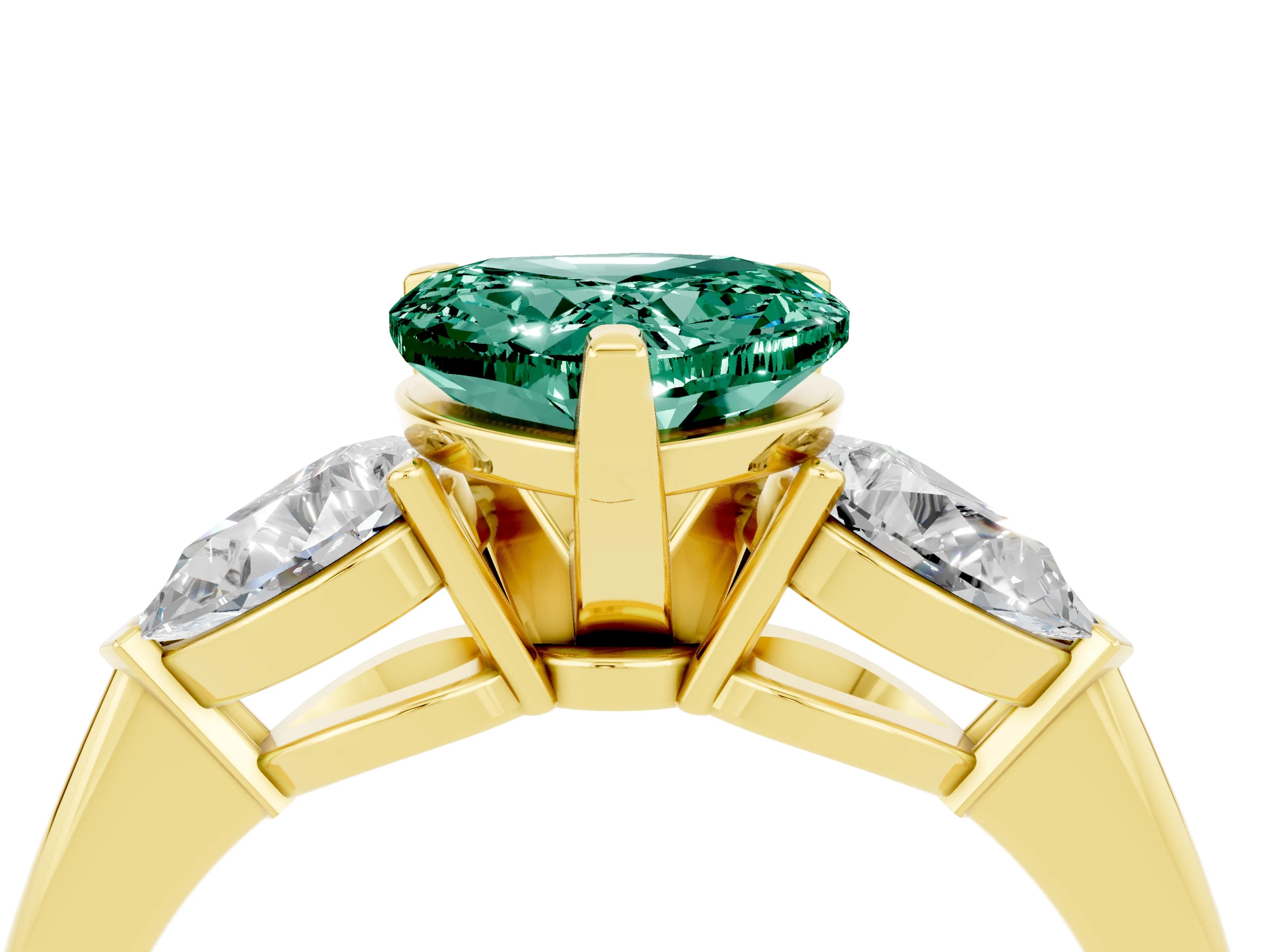 Yellow gold Three-Stone Heart Cut Green Sapphire Ring with Pear Side Stones and Four-Prong Setting_4