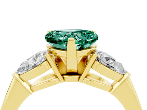 Yellow gold Three-Stone Heart Cut Green Sapphire Ring with Pear Side Stones and Four-Prong Setting_4