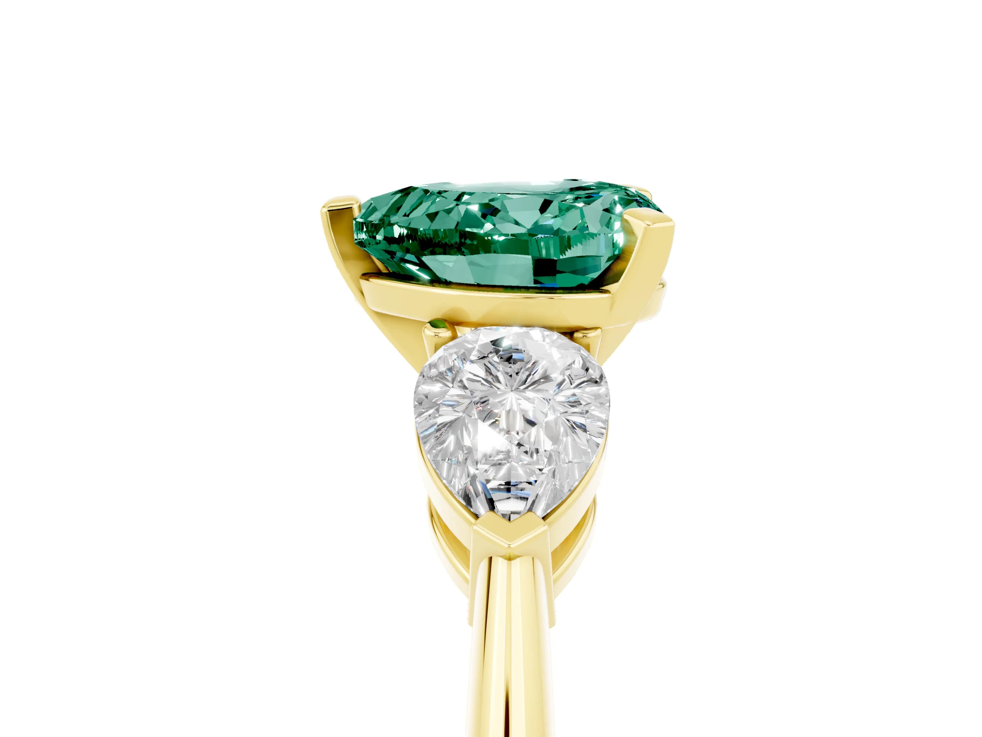 Yellow gold Three-Stone Heart Cut Green Sapphire Ring with Pear Side Stones and Four-Prong Setting_5