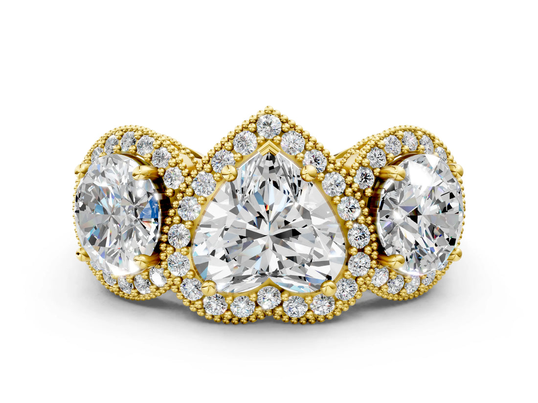 Yellow gold Three-Stone Heart Cut Halo Diamond Milgrain Band with Four-Prong Setting_3