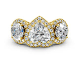 Yellow gold Three-Stone Heart Cut Halo Diamond Milgrain Band with Four-Prong Setting_3