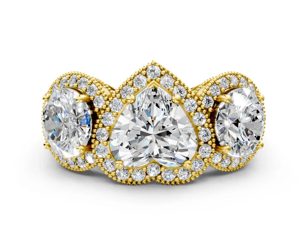 Yellow gold Three-Stone Heart Cut Halo Diamond Milgrain Band with Four-Prong Setting