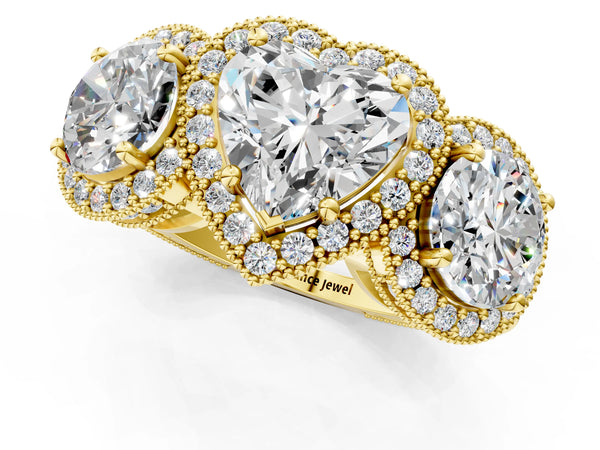 Yellow gold Three-Stone Heart Cut Halo Diamond Milgrain Band with Four-Prong Setting