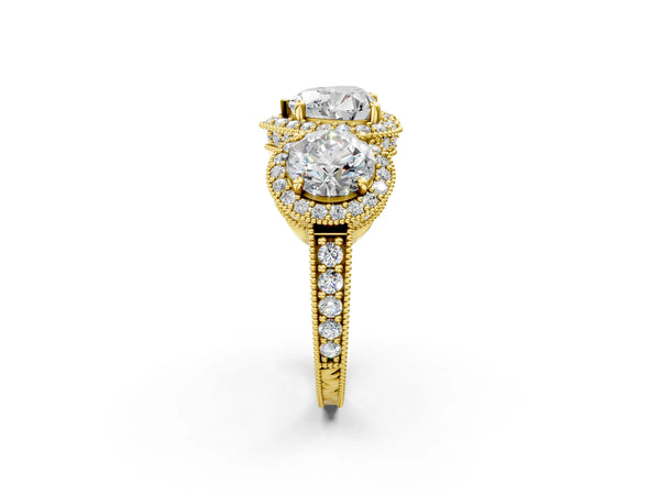 Yellow gold Three-Stone Heart Cut Halo Diamond Milgrain Band with Four-Prong Setting