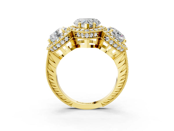 Yellow gold Three-Stone Heart Cut Halo Diamond Milgrain Band with Four-Prong Setting