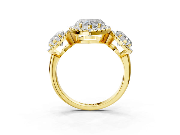 Yellow gold Three-Stone Heart Cut Halo Diamond Ring with Pave Band and Four-Prong Setting