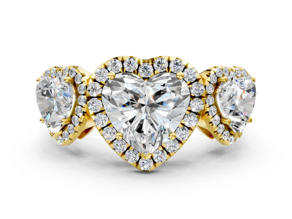 Yellow gold Three-Stone Heart Cut Halo Diamond Ring with Pave Band and Four-Prong Setting