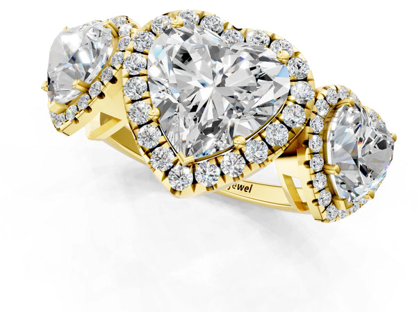 Yellow gold Three-Stone Heart Cut Halo Diamond Ring with Pave Band and Four-Prong Setting