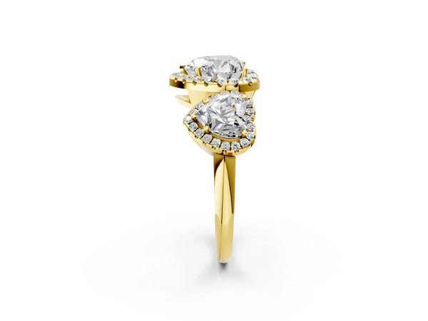Yellow gold Three-Stone Heart Cut Halo Diamond Ring with Pave Band and Four-Prong Setting