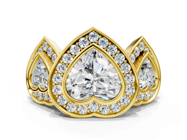 Yellow Gold Heart-Shaped Bezel Three Stone Halo Engagement Ring Setting with Pave Shoulders