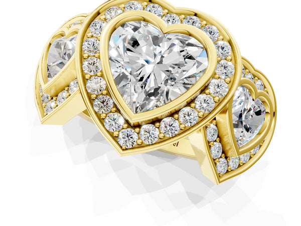Yellow Gold Heart-Shaped Bezel Three Stone Halo Engagement Ring Setting with Pave Shoulders