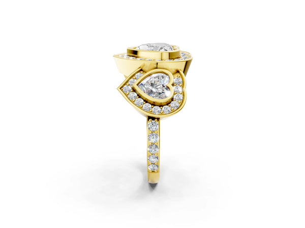 Yellow Gold Heart-Shaped Bezel Three Stone Halo Engagement Ring Setting with Pave Shoulders