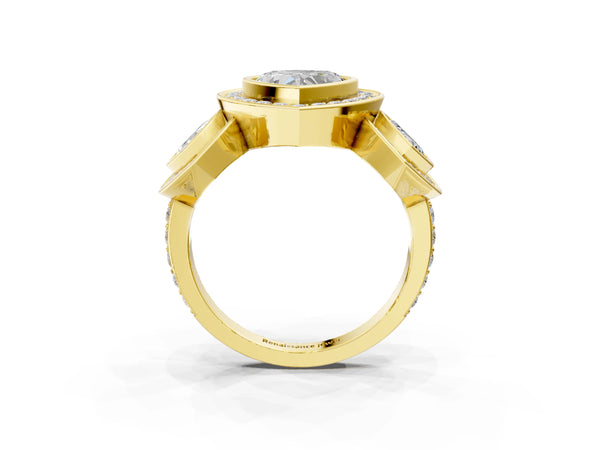 Yellow Gold Heart-Shaped Bezel Three Stone Halo Engagement Ring Setting with Pave Shoulders