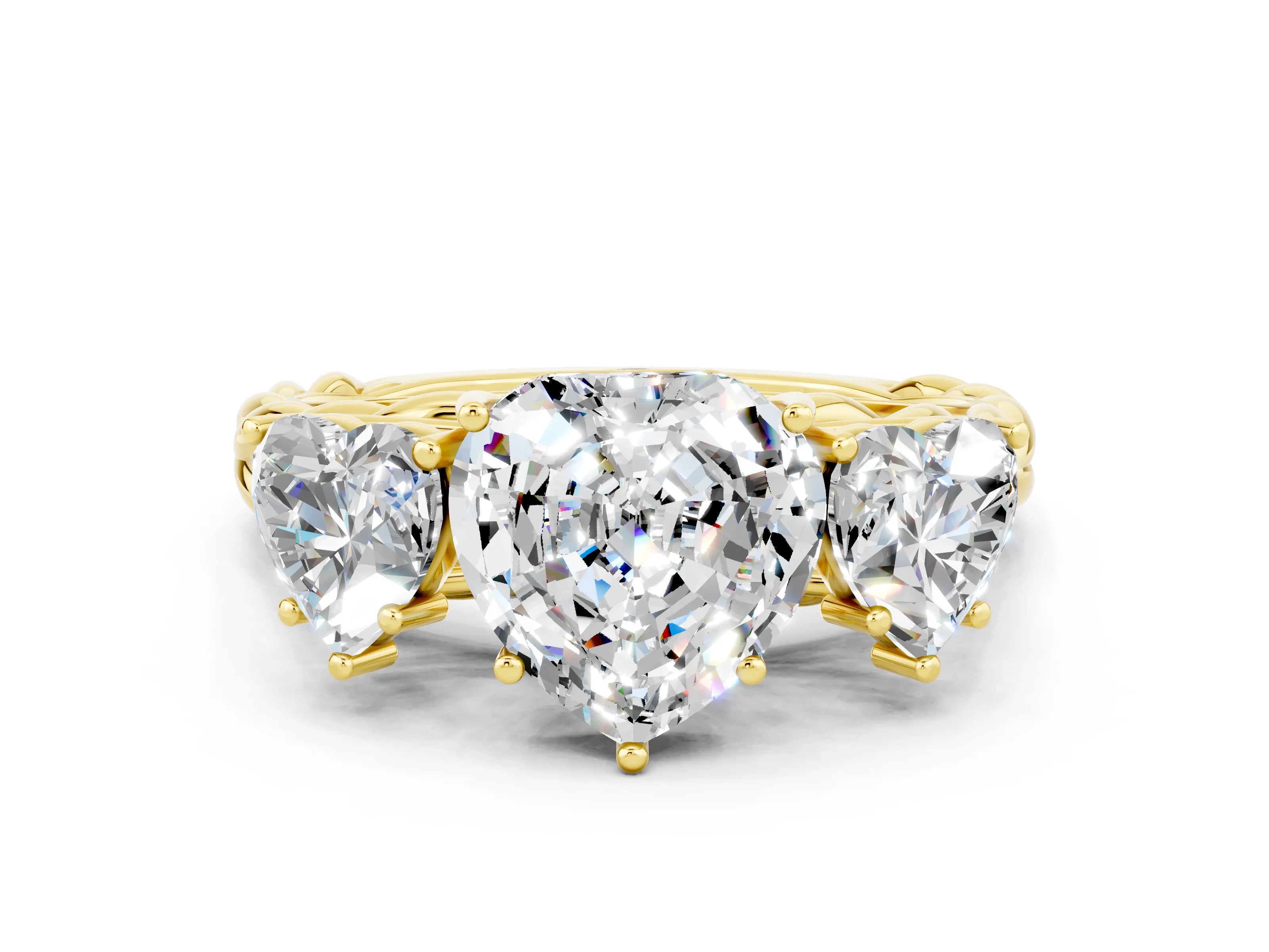 Yellow gold Three-Stone Heart Cut Moissanite Braided Band Ring with Four-Prong Setting_12