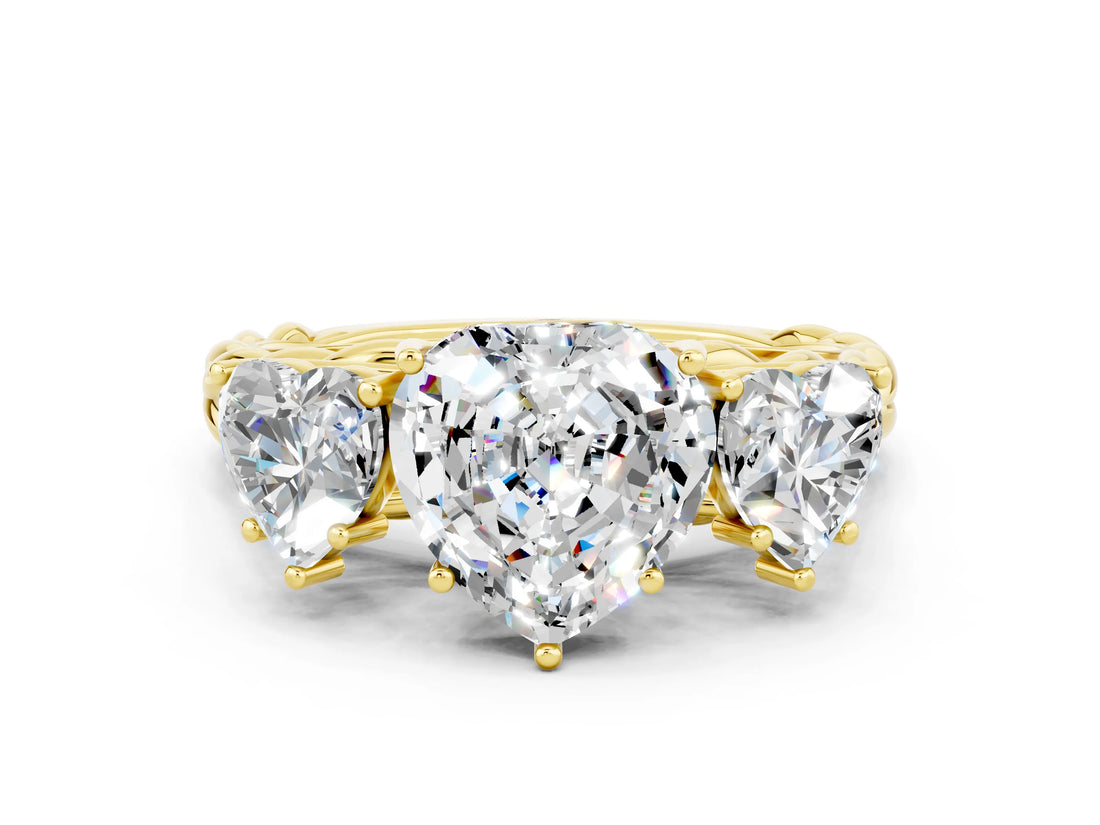 Yellow gold Three-Stone Heart Cut Moissanite Braided Band Ring with Four-Prong Setting_12