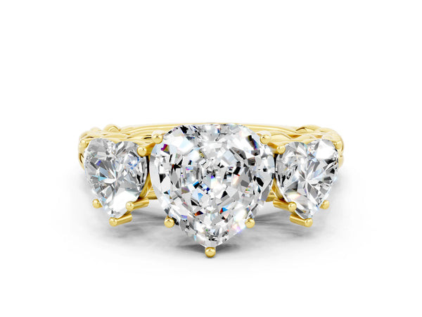 Yellow gold Three-Stone Heart Cut Moissanite Braided Band Ring with Four-Prong Setting