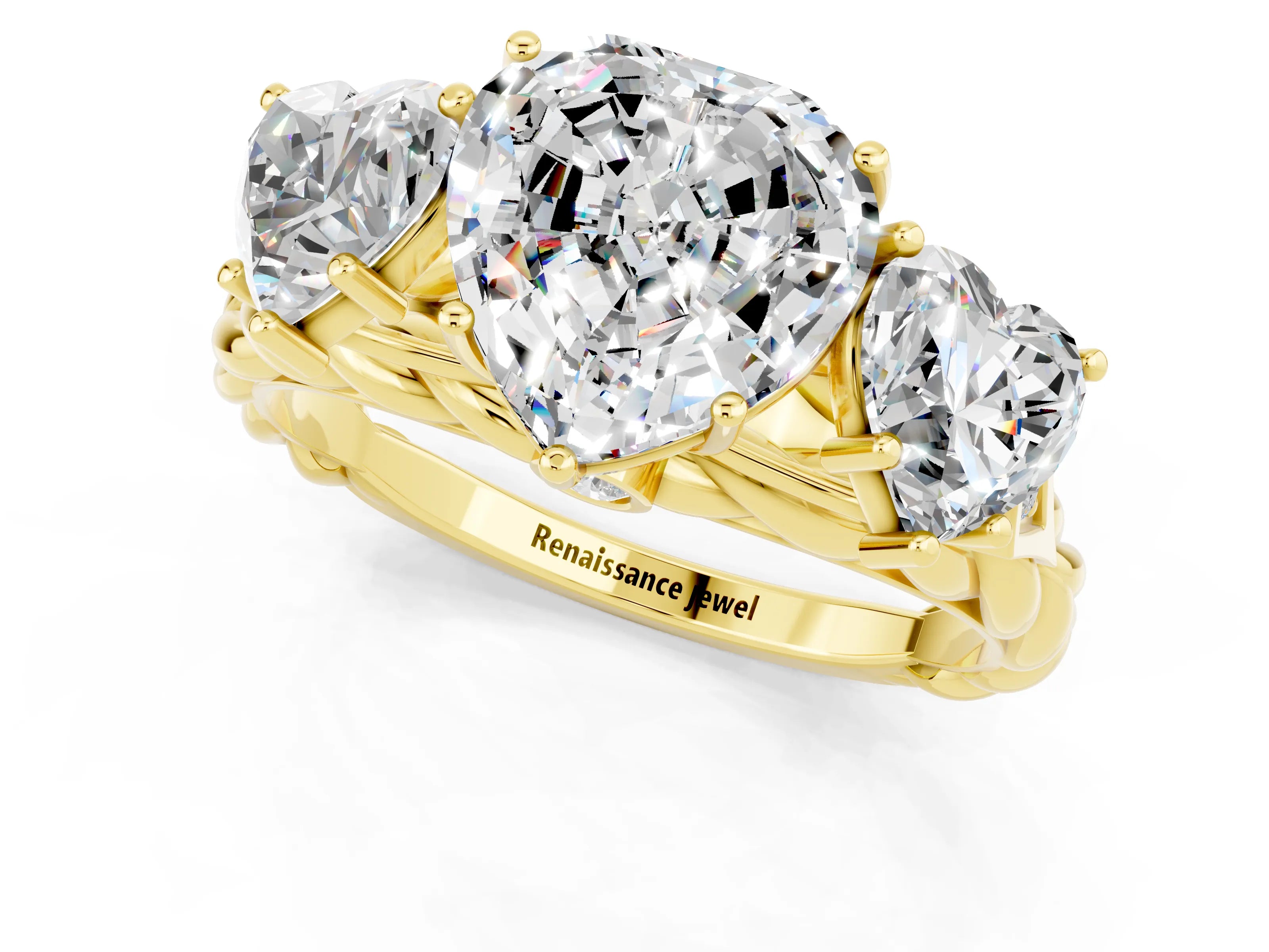 Yellow gold Three-Stone Heart Cut Moissanite Braided Band Ring with Four-Prong Setting_13