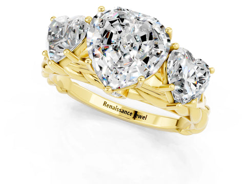 Yellow gold Three-Stone Heart Cut Moissanite Braided Band Ring with Four-Prong Setting_13